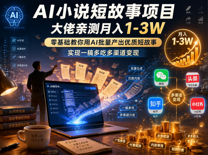 AI小说短故事项目，大佬亲测月入1-3W，零基础教你用AI批量产出优质短故事，实现一稿多吃多渠道变现(更新0710)-源创文化-无心创作