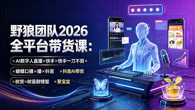 野狼团队2026全平台带货课-7月:AI数字人直播×快手一刀不剪×蝴蝶口播×抖音AI带货×树苗剧情智剪×聚宝盆-源创文化-无心创作