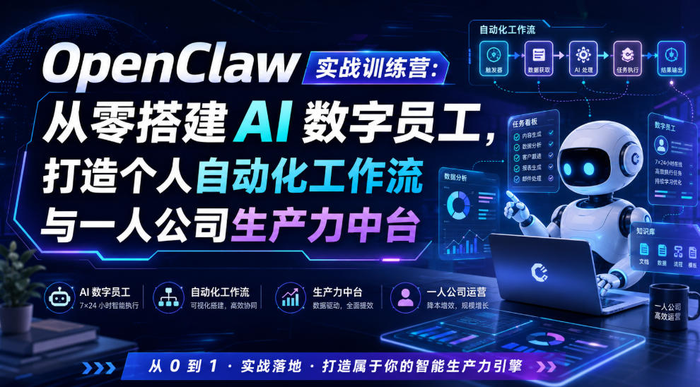 OpenClaw实战训练营：从零搭建AI数字员工，打造个人自动化工作流与一人公司生产力中台-源创文化-无心创作