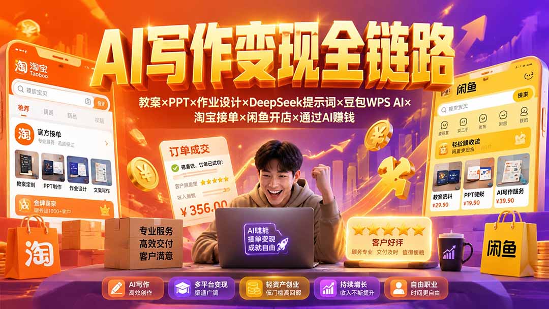 2026AI写作变现全链路:教案×PPT×作业设计×DeepSeek提示词×豆包WPS AI×淘宝接单×闲鱼开店×通过AI賺钱-源创文化-无心创作