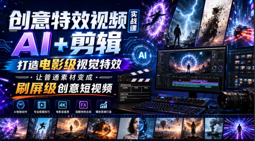 创意特效视频实战课，AI+剪辑打造电影级视觉特效，让普通素材变成刷屏级创意短视频-源创文化-无心创作