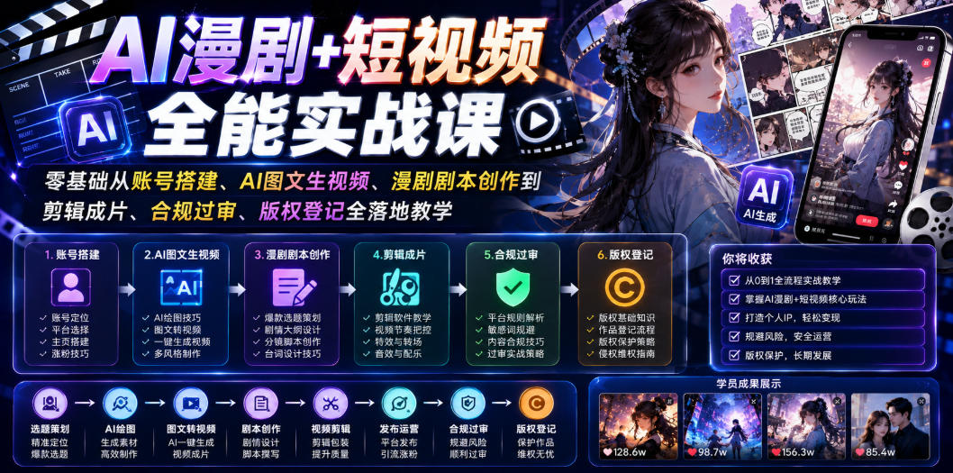 AI漫剧+短视频全能实战课｜零基础从账号搭建、AI图文生视频、漫剧剧本创作到剪辑成片、合规过审、版权登记全落地教学-源创文化-无心创作