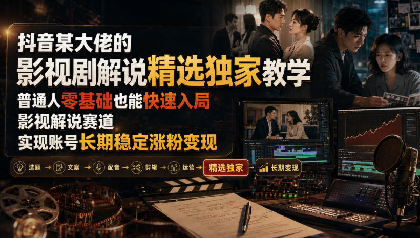 抖音某大佬的影视剧解说精选独家教学,普通人零基础也能快速入局影视解说赛道,实现账号长期稳定变现-源创文化-无心创作