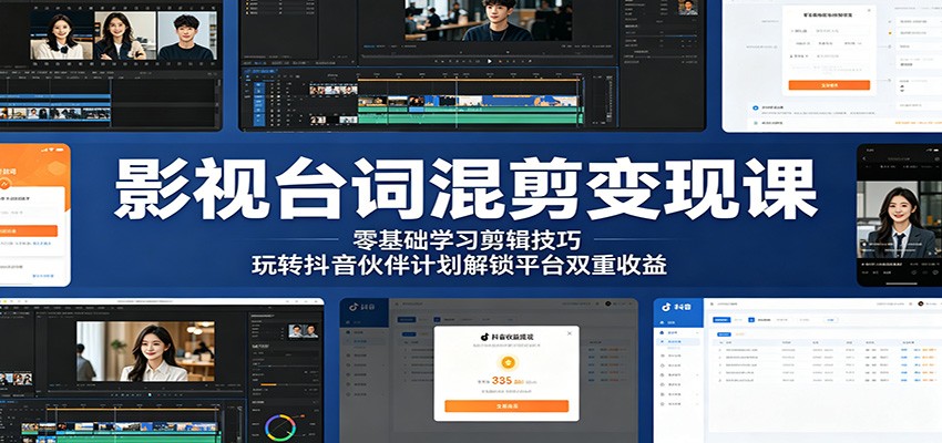 影视台词混剪变现课：零基础学习剪辑技巧，玩转抖音伙伴计划解锁平台双重收益-源创文化-无心创作