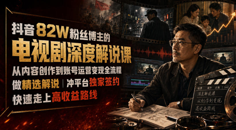 抖音82W粉丝博主的电视剧深度解说课,从内容创作到账号运营变现全流程,做精选解说,冲平台独家签约,快速走上高收益路线-源创文化-无心创作