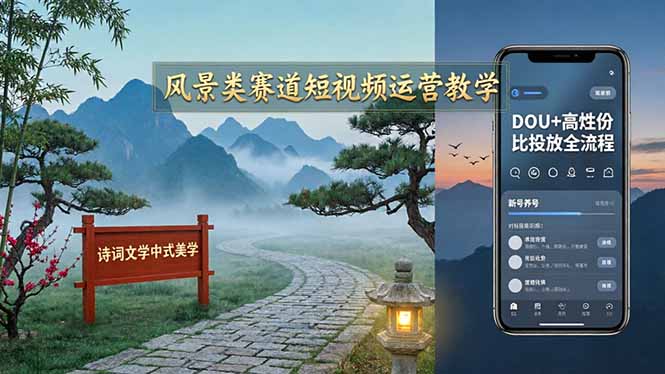 风景类赛道短视频运营教学：诗词文学中式美学，新号养号对标账号定位，DOU+高性价比投放全流程-源创文化-无心创作