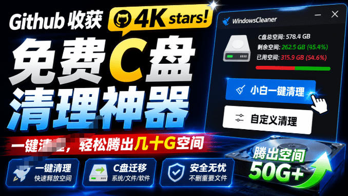 Github收获4K stars!免费C盘清理神器,轻松腾出几十G空间,支持C盘迁移Windows Cleaner-源创文化-无心创作