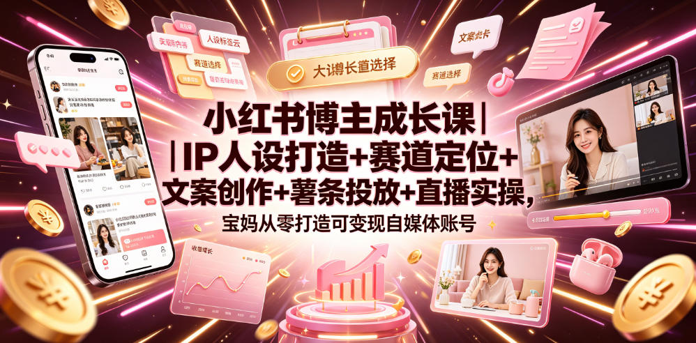 小红书博主成长课｜IP人设打造+赛道定位+文案创作+薯条投放+直播实操，宝妈从零打造可变现自媒体账号-源创文化-无心创作