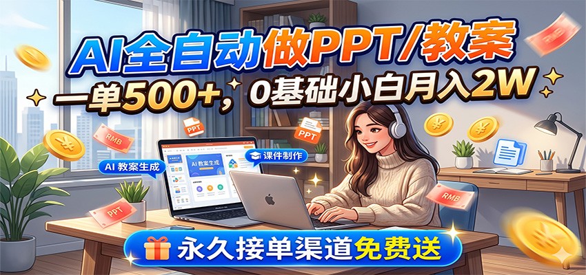 AI全自动做PPT/教案，一单500+，0基础小白月入2W，永久接单渠道免费送-源创文化-无心创作