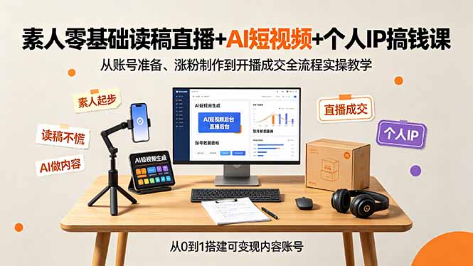 素人零基础读稿直播+AI短视频+个人IP搞钱课，从账号准备、涨粉制作到开播成交全流程实操教学-源创文化-无心创作