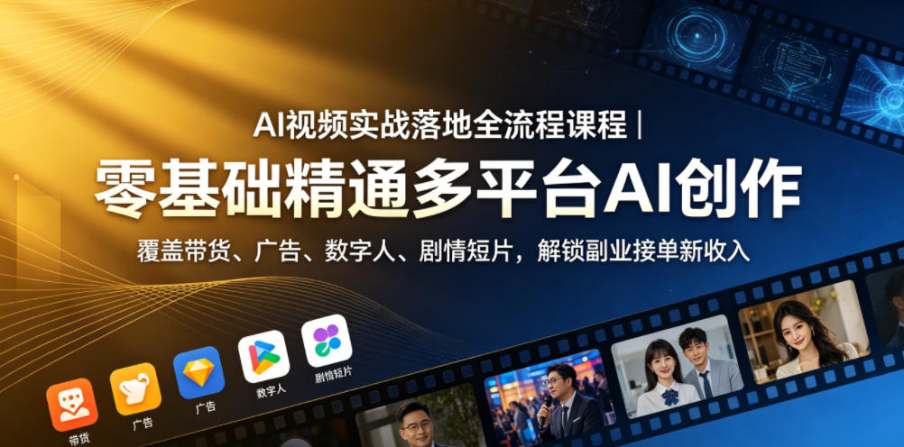 AI视频实战落地全流程课程｜零基础精通多平台AI创作，覆盖带货、广告、数字人、剧情短片，解锁副业接单新收入-源创文化-无心创作