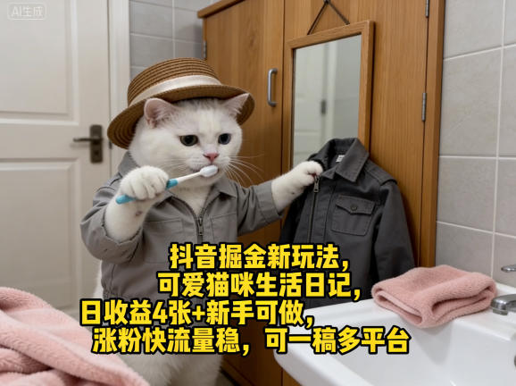 抖音掘金新玩法，可爱猫咪生活日记，日收益4张+新手可做，涨粉快流量稳，可一稿多平台-源创文化-无心创作