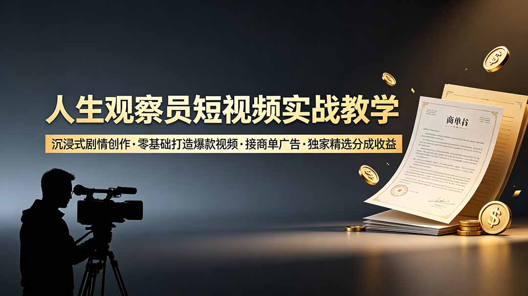 人生观察员短视频实战教学，沉浸式剧情创作，零基础打造爆款视频，接商单广告，独家精选分成收益-源创文化-无心创作