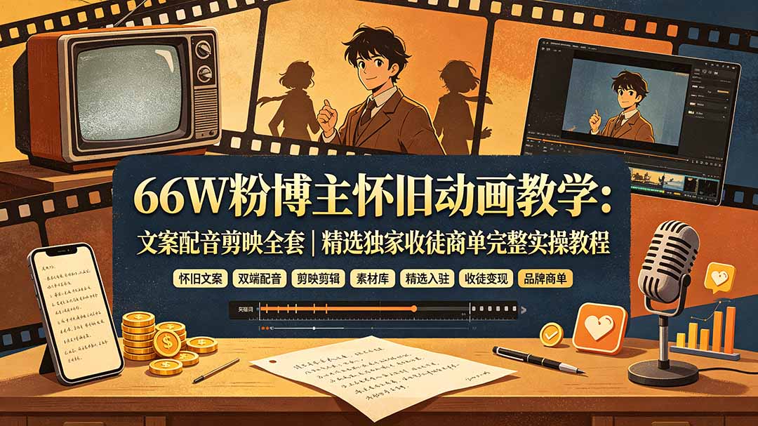 66W粉博主怀旧动画教学:文案配音剪映全套|精选独家收徒商单完整实操教程-源创文化-无心创作