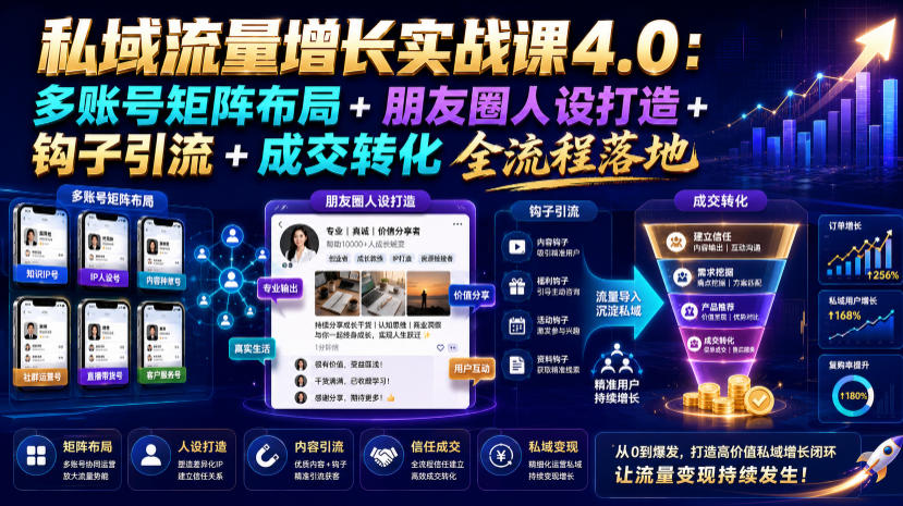 私域流量增长实战课4.0：多账号矩阵布局+朋友圈人设打造+钩子引流+成交转化全流程落地-源创文化-无心创作