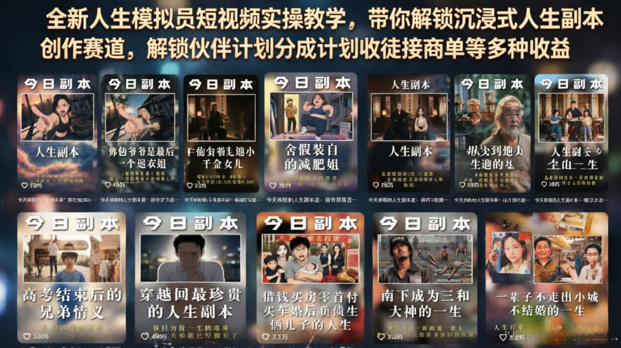 全新人生模拟员短视频实操教学，带你解锁沉浸式人生副本创作赛道，解锁伙伴计划分成计划收徒接商单等多种收益-源创文化-无心创作
