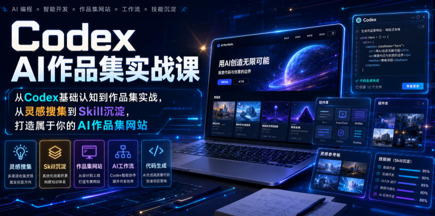 Codex AI作品集实战课，从Codex基础认知到作品集实战，从灵感搜集到Skill沉淀，打造属于你的AI作品集网站-源创文化-无心创作