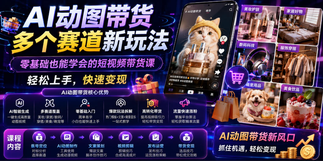 AI动图带货多个赛道新玩法，零基础也能学会的短视频带货课，轻松上手，快速变现-源创文化-无心创作