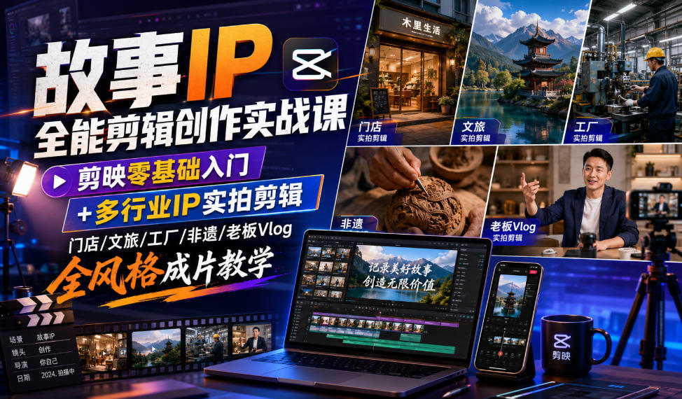故事IP全能剪辑创作实战课|剪映零基础入门+多行业IP实拍剪辑,门店/文旅/工厂/非遗/老板Vlog全风格成片教学-源创文化-无心创作