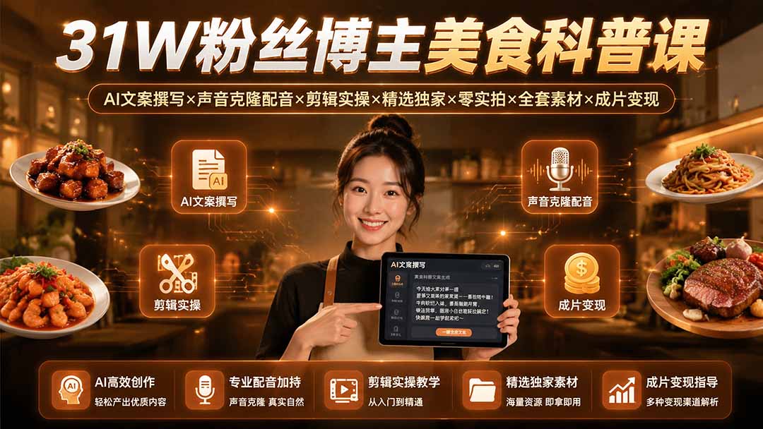31W粉丝博主美食科普课：AI文案撰写×声音克隆配音×剪辑实操×精选独家×零实拍×全套素材×成片变现-源创文化-无心创作