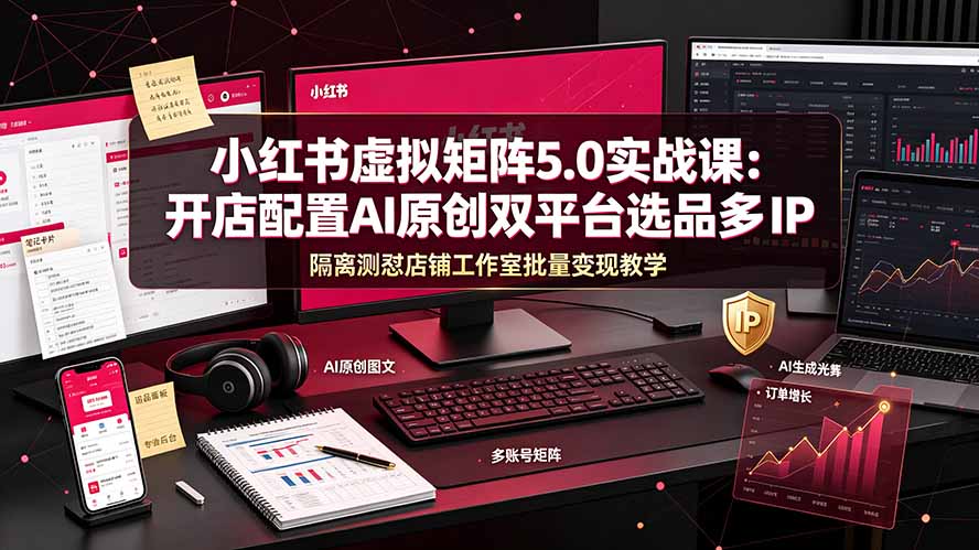小红书虚拟矩阵5.0实战课:开店配置|AI原创|双平台选品|多IP隔离|测怼店铺工作室批量变现实操教学-源创文化-无心创作