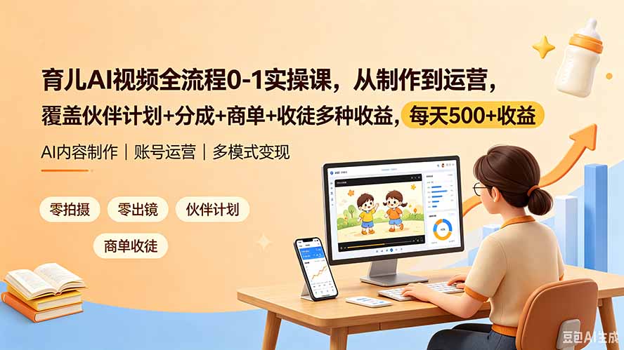 育儿AI视频全流程0-1实操课，从制作到运营，覆盖伙伴计划+分成+商单+收徒多种收益，每天500+收益-源创文化-无心创作