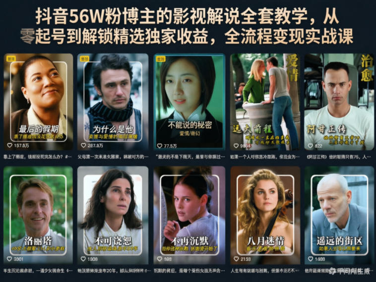 抖音56W粉博主的影视解说全套教学，从零起号到解锁精选独家收益，全流程变现实战课-源创文化-无心创作