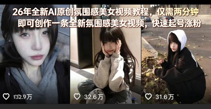 26年全新AI原创氛围感美女视频教程，仅需两分钟即可创作一条全新氛围感美女视频，快速起号涨粉-源创文化-无心创作