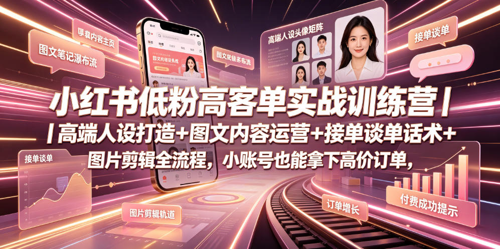 小红书低粉高客单实战训练营｜高端人设打造+图文内容运营+接单谈单话术+图片剪辑全流程，小账号也能拿下高价订单-源创文化-无心创作