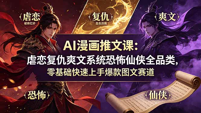 AI漫画推文课：虐恋复仇爽文系统恐怖仙侠全品类，零基础快速上手爆款图文赛道-源创文化-无心创作
