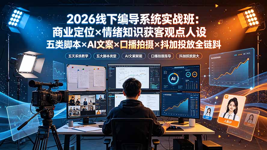 2026线下编导系统实战班:商业定位×情绪知识获客观点人设五类脚本×AI文案×口播拍摄×抖加投放全链路-源创文化-无心创作