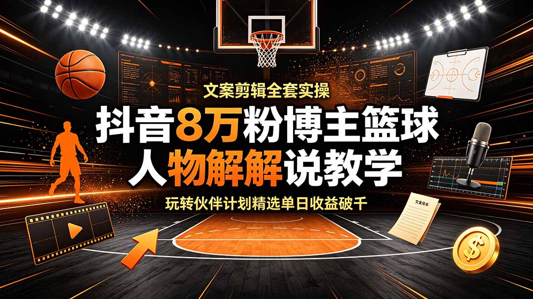 抖音8万粉博主篮球人物解说教学，文案剪辑全套实操，玩转伙伴计划精选单日收益破千-源创文化-无心创作