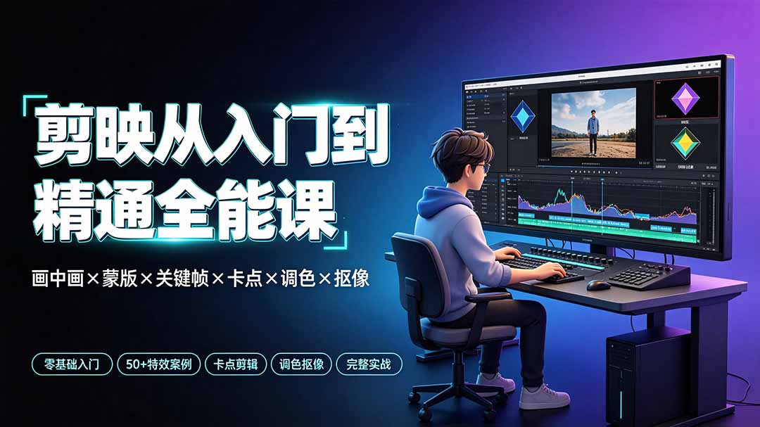 剪映从入门到精通全能课：画中画×蒙版×关键帧×卡点×调色×抠像，一站式掌握剪辑核心技能-源创文化-无心创作