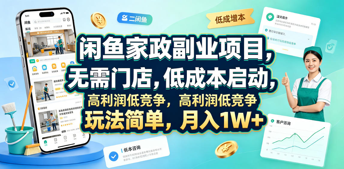 闲鱼家政副业项目，无需门店，低成本启动，高利润低竞争，玩法简单，月入1W+-源创文化-无心创作