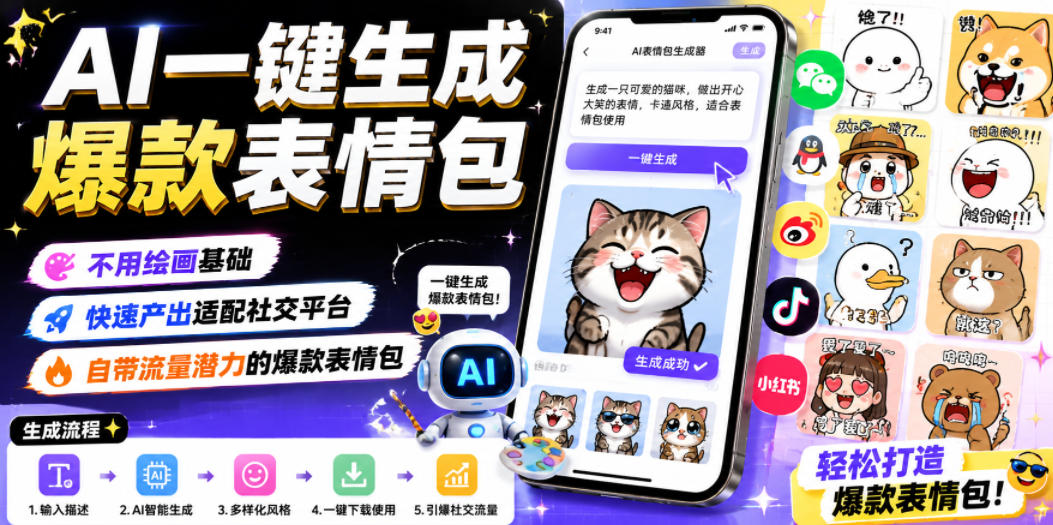 AI一键生成爆款表情包，不用绘画基础，快速产出适配社交平台，自带流量潜力的爆款表情包-源创文化-无心创作