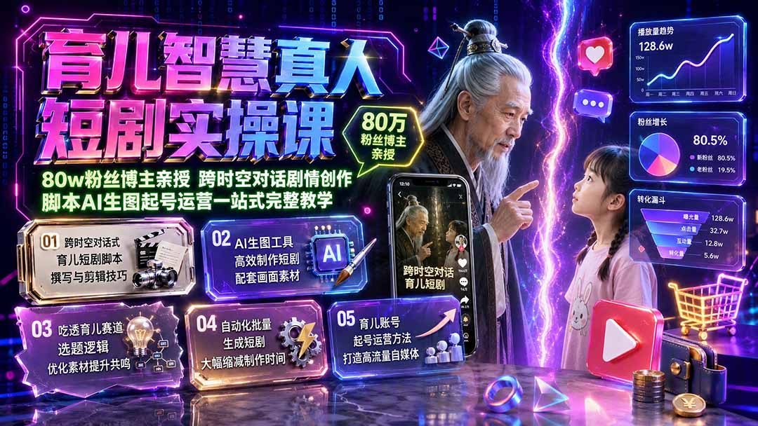 育儿智慧真人短剧实操课|80w粉丝博主亲授,跨时空对话剧情创作,脚本AI生图起号运营一站式完整教学-源创文化-无心创作
