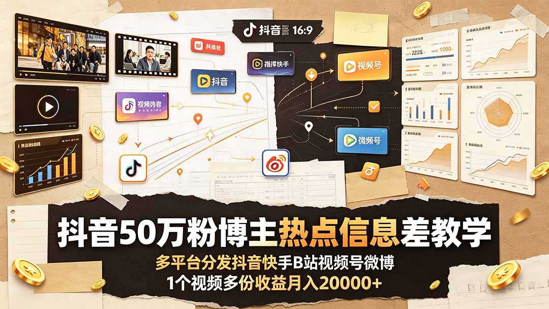 抖音50万粉博主热点信息差教学：多平台分发抖音快手B站视频号微博，1个视频多份收益月入20000+-源创文化-无心创作