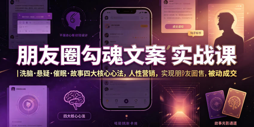 朋友圈勾魂文案实战课｜洗脑·悬疑·催眠·故事四大核心心法，吃透人性营销，实现朋友圈不销而售被动成交-源创文化-无心创作