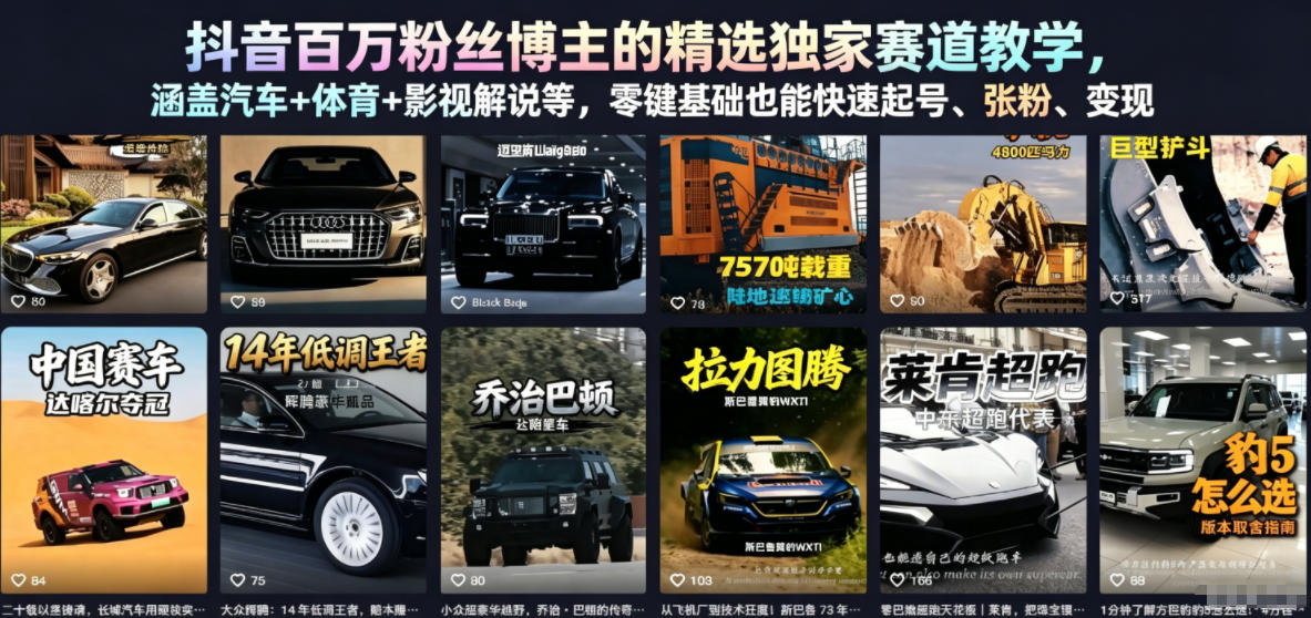 抖音百万粉丝博主的精选独家赛道教学，涵盖汽车+体育+影视解说等，零基础也能快速起号、涨粉、变现-源创文化-无心创作