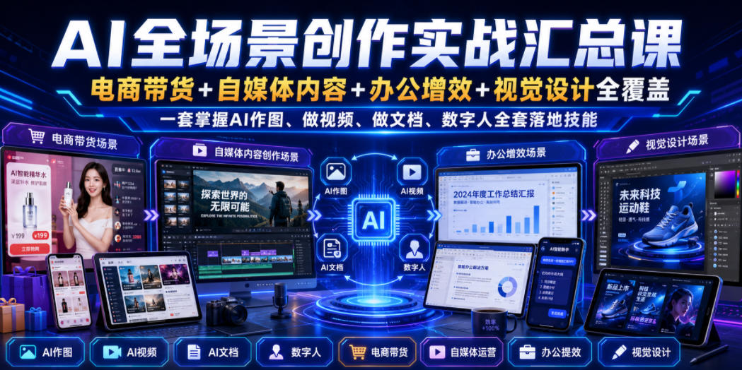 AI全场景创作实战汇总课|电商带货+自媒体内容+办公增效+视觉设计全覆盖,一套掌握AI作图、做视频、做文档、数字人全套落地技能-源创文化-无心创作