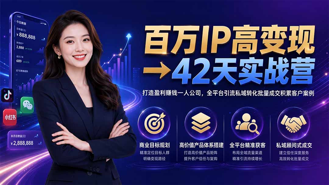 百万IP高变现→42天实战营｜打造盈利赚钱一人公司，全平台引流私域转化批量成交积累客户案例-源创文化-无心创作