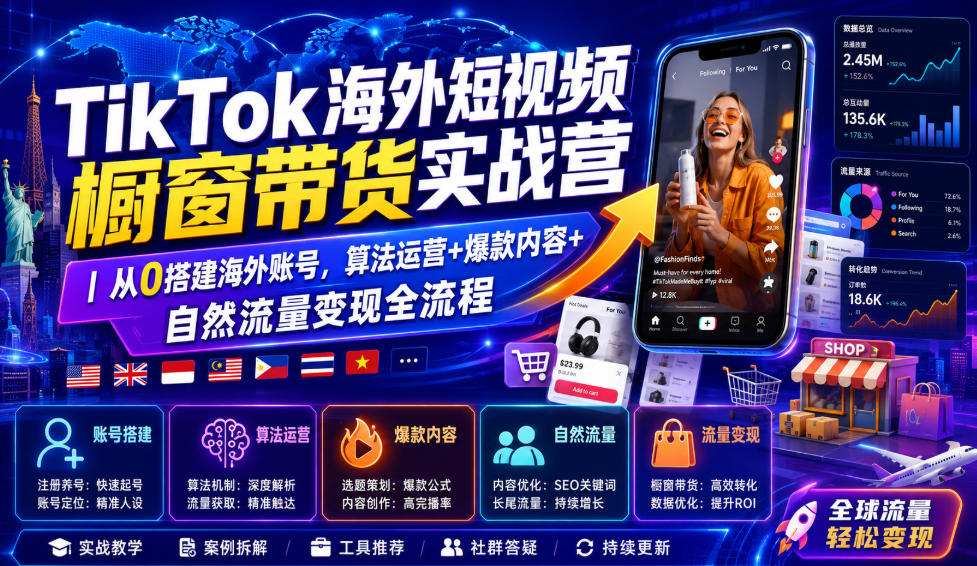 TikTok海外短视频橱窗带货实战营｜从0搭建海外账号，算法运营+爆款内容+自然流量变现全流程-源创文化-无心创作