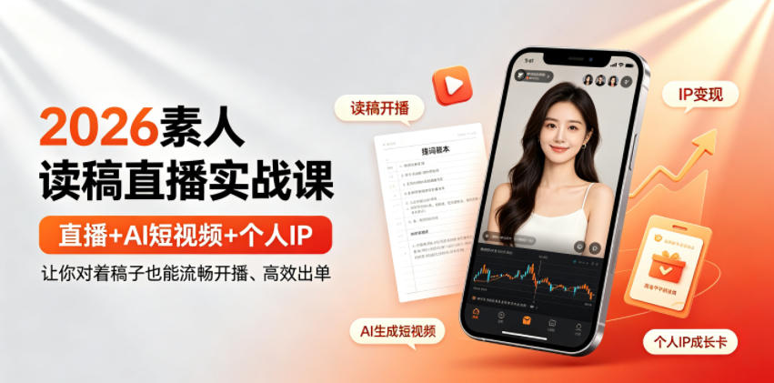 2026素人读稿直播实战课｜直播+AI短视频+个人IP，让你对着稿子也能流畅开播、高效出单-源创文化-无心创作