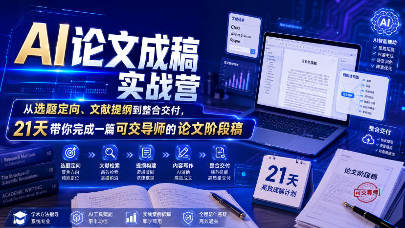 AI论文成稿实战营，从选题定向、文献提纲到整合交付，21天带你完成一篇可交导师的论文阶段稿-源创文化-无心创作