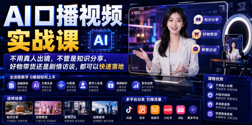 AI口播视频实战课，不用真人出镜，不管是知识分享、好物带货还是剧情访谈，都可以快速落地-源创文化-无心创作