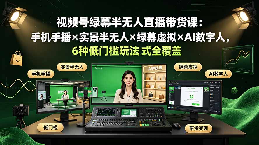 视频号绿幕半无人直播带货课：手机手播×实景半无人×绿幕虚拟×AI数字人，6种低门槛玩法全覆盖-源创文化-无心创作