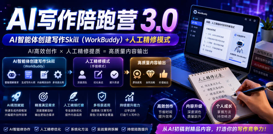AI写作陪跑营3.0，Ai智能体创建写作skill(workbuddy)+人工手写模式(手搓模式)，去除AI痕迹(头条号、公众号、百家号)(更新0730)-源创文化-无心创作