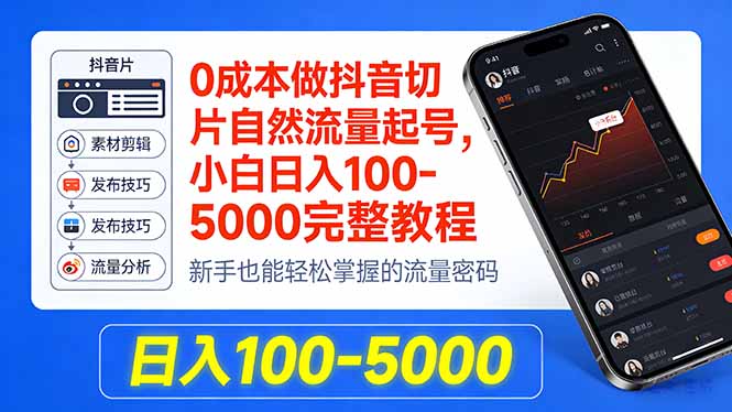 0成本做抖音切片自然流量起号，小白日入100-5000完整教程-源创文化-无心创作