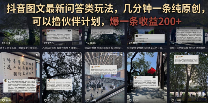 抖音图文最新问答类玩法，几分钟一条纯原创，可以撸伙伴计划，爆一条收益200+-源创文化-无心创作