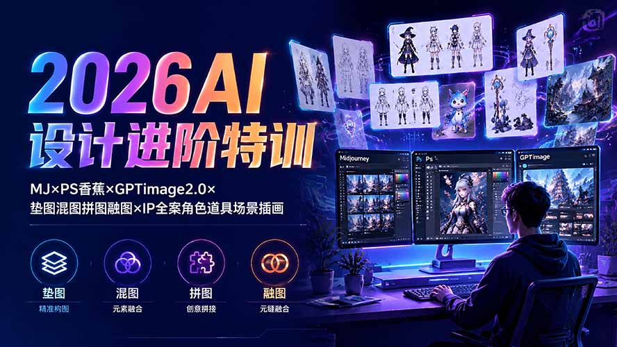2026AI设计进阶特训:MJ×PS香蕉×GPTimage2.0×垫图混图拼图融图×IP全案角色道具场景插画-源创文化-无心创作